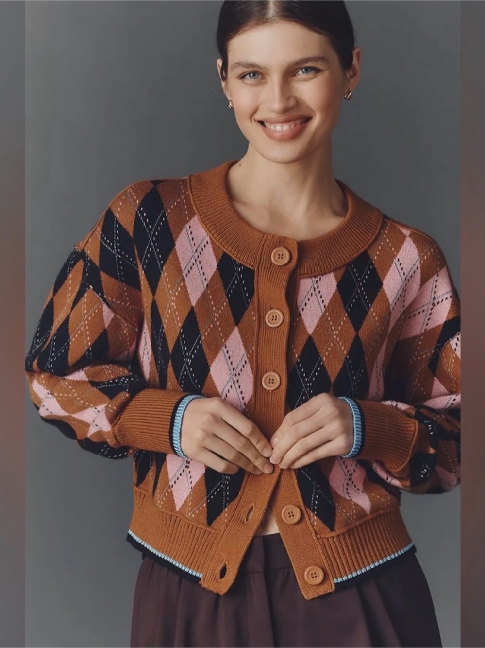 Maeve by Anthropologie The Sutton Compact Cardigan Sweater Camel Argyle LARGE - Picture 3 of 10